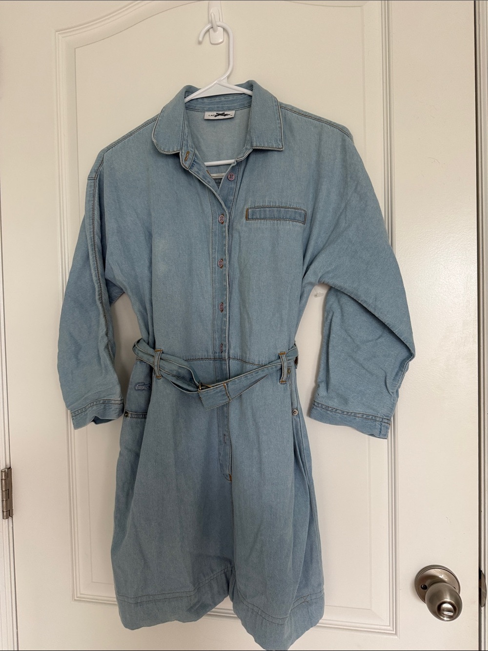 LACOSTE Light Blue Denim Belted Dress with Collar Sz 36 Long Sleeves Denim Mini - Picture 6 of 10